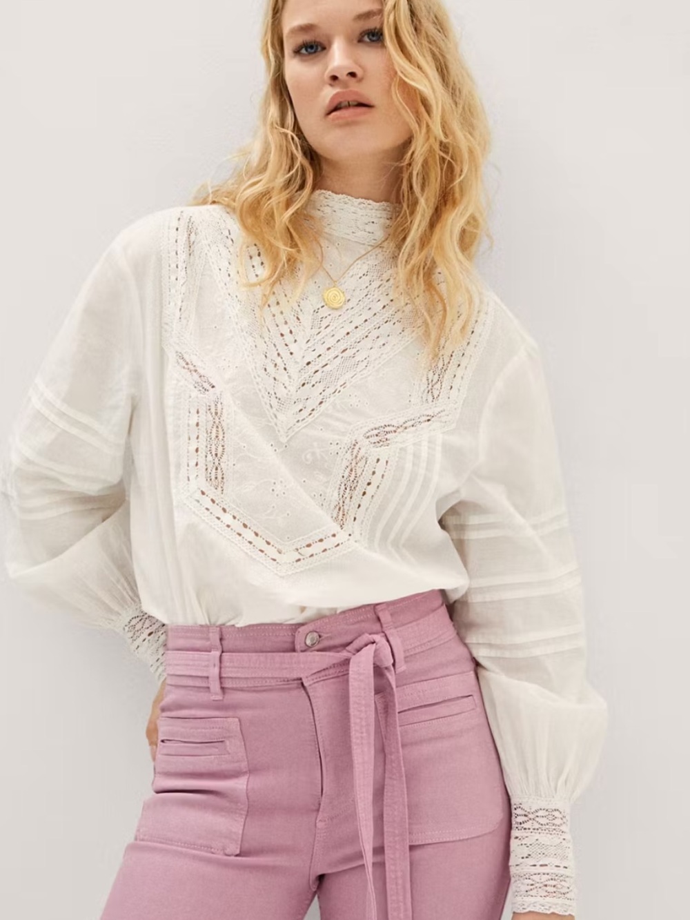 Mango white cotton blouse with open work detail